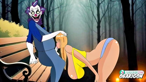 Blonde Mizuki bent over by Halloween clown in steamy forest encounter