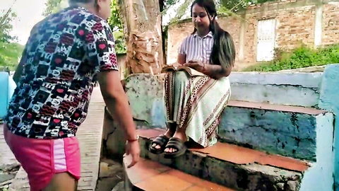 Amateur outdoor tease: man chats with long-haired gypsy woman in skirt on street steps