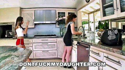 Curvy teen in shorts takes selfie with hot MILF in dress at sink