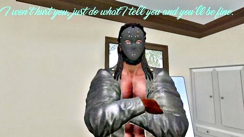 Masked ebony muscular man in metallic jacket, Halloween domination threat