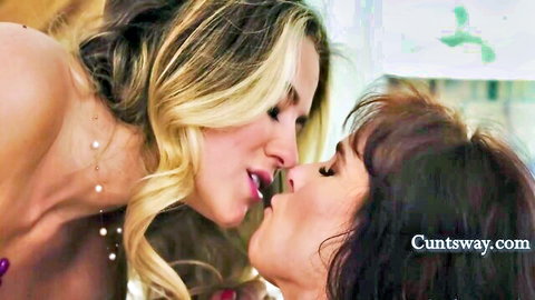 Syren De Mer and River Lynn passionate lesbian kiss in stepmom scene