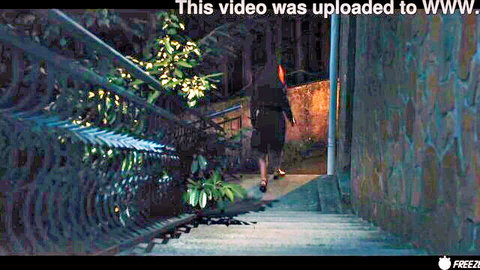 Octokuro in black dress walking down outdoor stairs, time stop tease