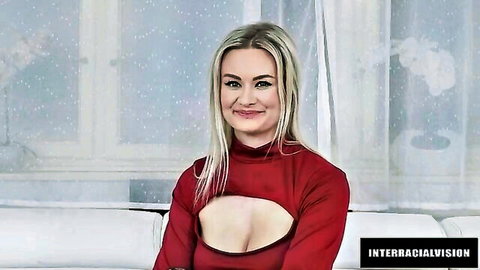 Busty blonde Lily Joy in sexy red dress with cleavage cutouts