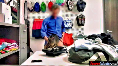 Obedient Hispanic teen girl pleasuring guard in storage room