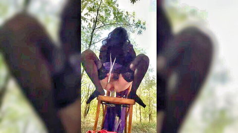 Mesmeriza bride spreading legs in black stockings, outdoor pussy exposure