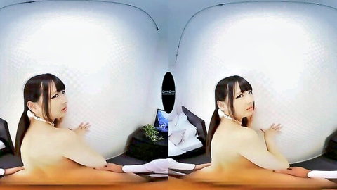 Attractive Asian teen seductress in topless VR pose with stockings