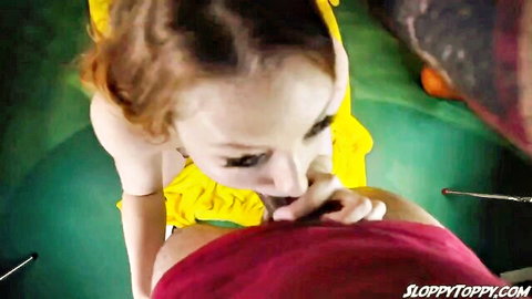 Redhead babe with big pale tits sucking cock in rough POV blowjob