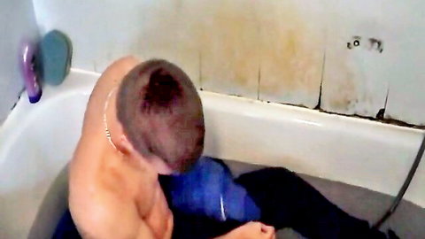 Naked young man in bathtub stroking cock, Mako Mermaids parody