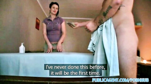 Nervous masseuse receives money from nude client in massage room