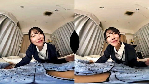 Smiling Japanese office lady in blouse leaning on bed POV