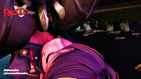 Purple-haired anime girl moans as pink raccoon fox fucks her wet pussy doggy style in car backseat