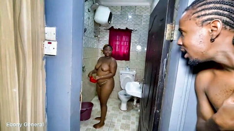 Ebony woman naked bathing caught peeping by muscular black man at door