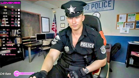 Muscular cop in open police uniform shirt exposing ripped chest in office cam show