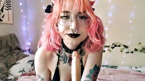 Fucktoyjude pink-haired alt girl in black lingerie and choker, seductive pose