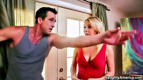 Blonde Juliana Grandi in red dress flirting with muscular man, Aria Austin