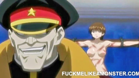 Anime hottie naked and chained for monster fuck by uniformed beast