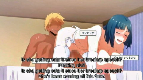 Blonde guy fucks blue-haired hentai slut doggy style as she orgasms during breakup speech