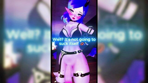 Blue-haired elf gamer girl with big nipples exposes shaved pussy in black BDSM harness