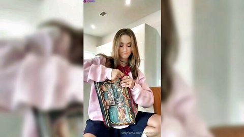 Cute influencer in pink oversized sweatshirt sits with legs apart holding colorful toy box