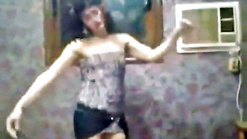 Amateur Egyptian trans babe in sparkling corset and tiny black skirt posing seductively