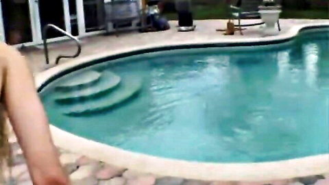 Skinny blonde getting drilled outdoors by the pool