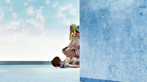 Busty Karin and Sakura cosplay in steamy topless poolside pose