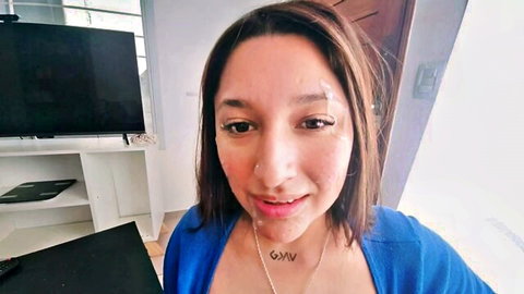 Hotfiveroom Pinay camgirl smiling in blue top, mature beauty with necklace