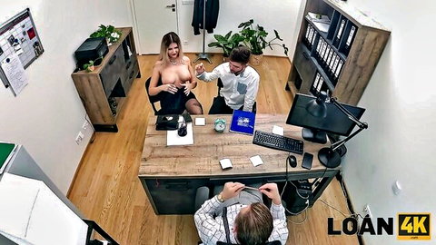 Blonde secretary exposes her perky tits topless in office loan negotiation with two suited men