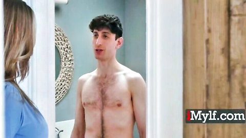 Silvia Saige as busty stepmom teases shirtless stepson in doorway