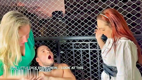 Two dominant women humiliate naked male slave in femdom threesome scene