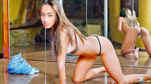 Fit Asian model Camila Luna nude in doggy pose, spreading ass in thong