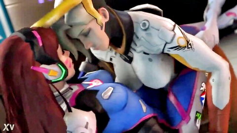 Overwatch D.Va passionately kissing Genji with huge tits spilling out of her unzipped suit