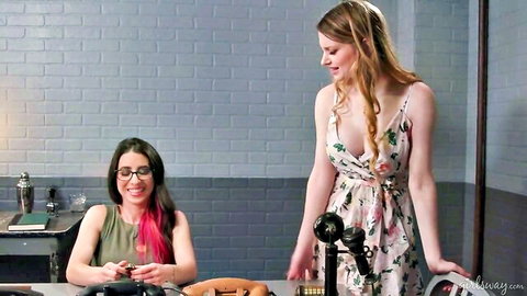 Bunny Colby in sexy floral dress with pink-haired babe holding dildo