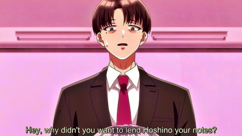 Hentai teacher in suit questions student about notes in classroom