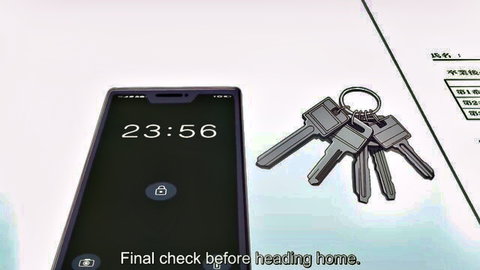 Smartphone lock screen displaying 'Final check before heading home' at 23:56 with keys beside it
