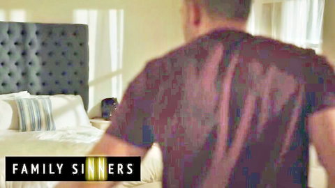 Busty MILF seduces son-in-law in bedroom, back view tease