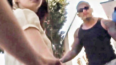 Muscular stranger grabs fit woman on street in public hookup tease