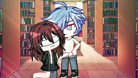 Gacha animated Whitness kneeling intimately with blue-haired friend hug