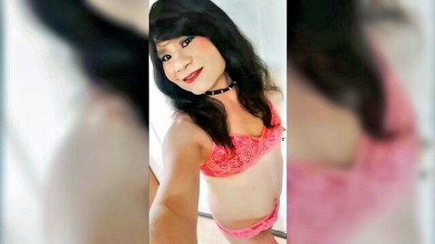 Petite Asian trans brunette in pink lace lingerie bra and panties posing seductive selfie with small tits
