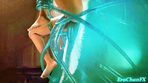 EroChanFX Eve bound by glowing green tentacles on legs in erotic hentai animation