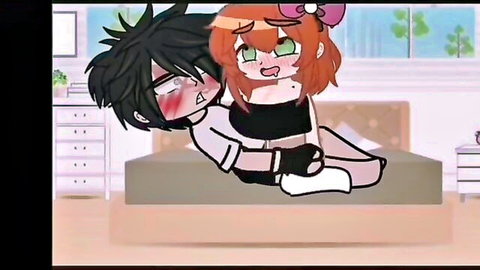 Gacha anime couple in intimate bedroom embrace, orange-haired girl and black-haired boy