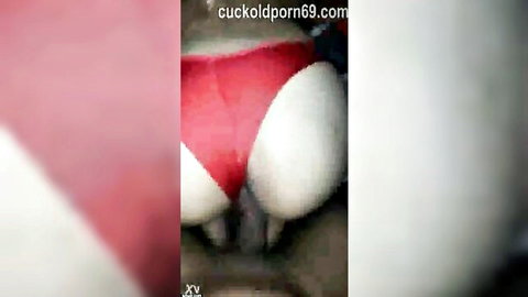 Big white ass cheeks spread with red thong pulled aside exposing pussy anus and BBC cock tip