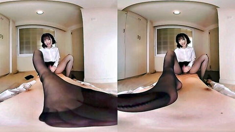 Alluring Asian teen in black stockings spreads legs in VR porn