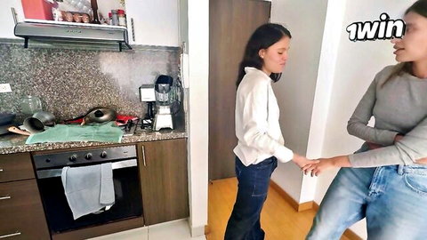 Asian neighbor babe in damp clothes after water leak, holding hands intimately