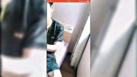 Asian soldier in uniform sits on dorm bed, bareback gay sex with officer