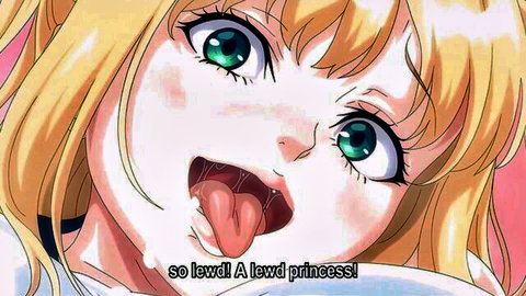 Lewd blonde anime princess with green eyes and tongue out in hentai OVA