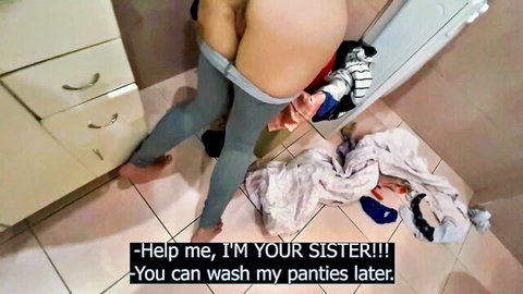 Sister stuck in laundry basket begs brother for help in taboo creampie scene