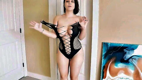 Curvy brunette in black fishnet lingerie teasing in POV