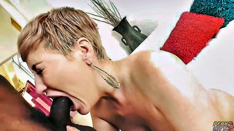 Blonde short-haired slut gags on massive BBC cock in sloppy interracial blowjob