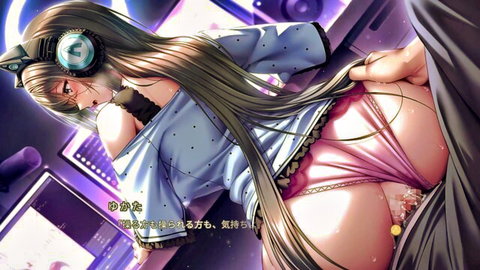 Anime Sayumi with green hair, headphones, bent over in explicit doggy style, panties aside